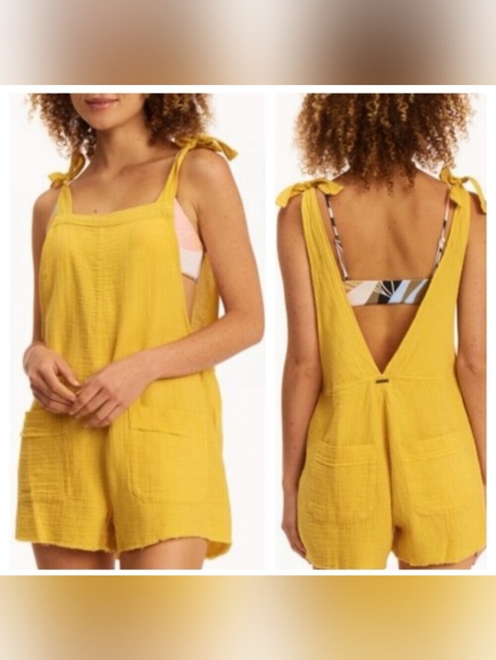 Billabong Yellow Tie-Strap Cotton Romper with Front Pockets Size M